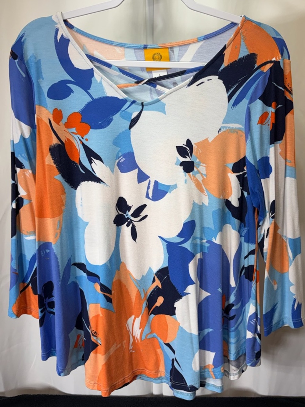 Ruby Rd. Blue, Orange & White Floral Crisscross Neck Tunic Top 2537
